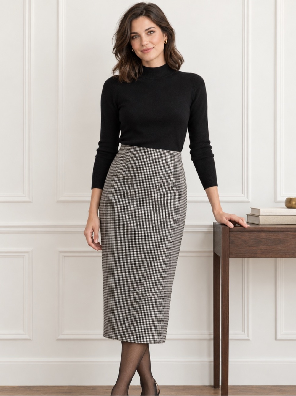 Vintage 90s Black White Micro Check High Waist Column Pencil Skirt S